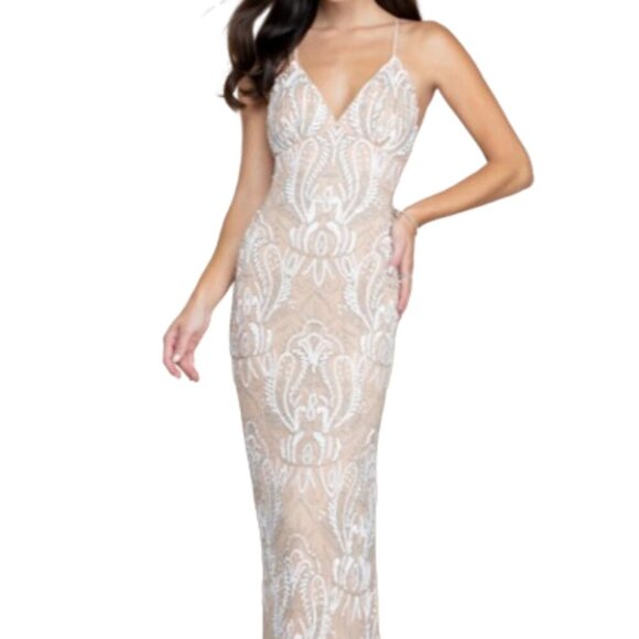 NWT SCALA 48710 Beaded Evening Dress Mink Ivory Silver size 0 - Picture 1 of 9